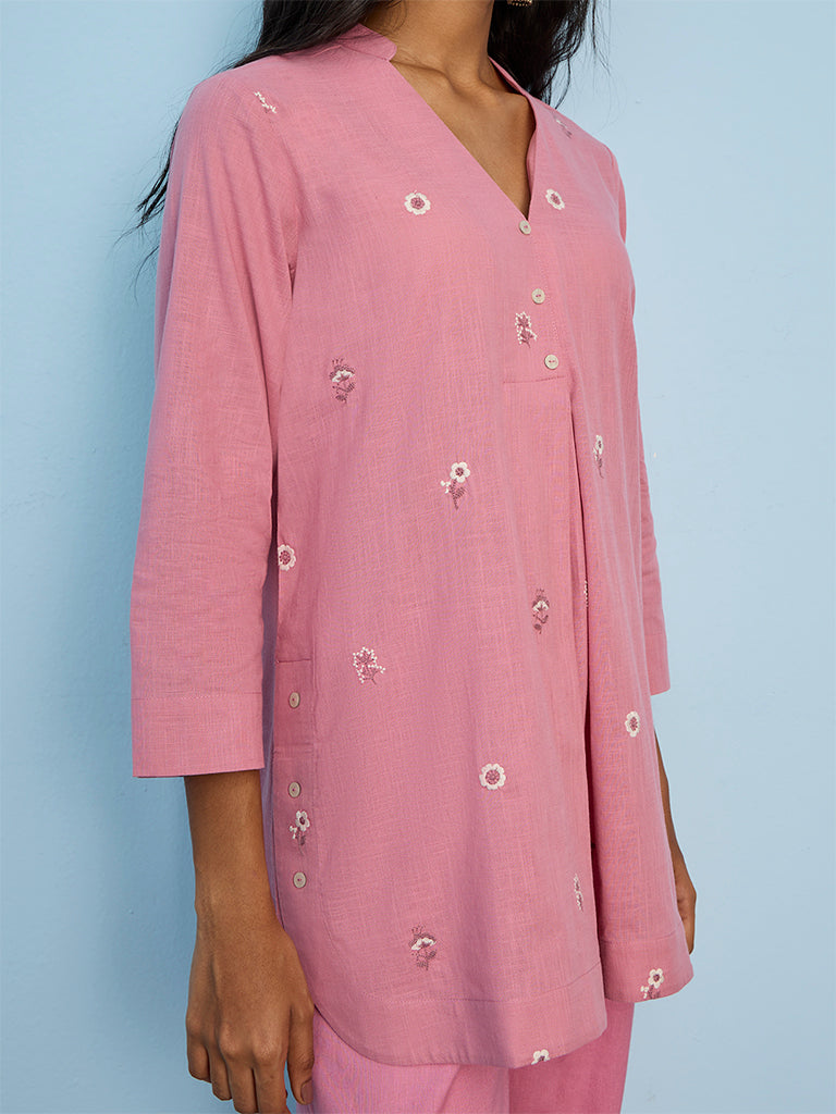 Utsa Pink Floral Embroidered Cotton Tunic