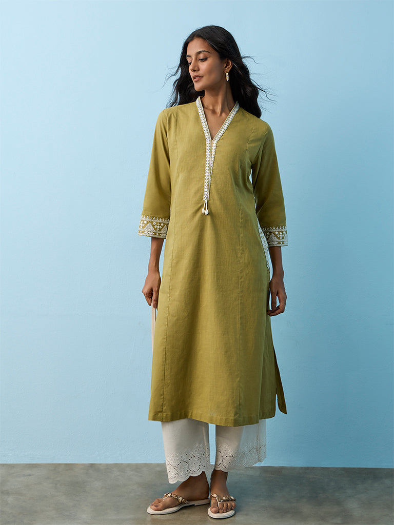 Utsa Green Embroidered Cotton A-Line Kurta