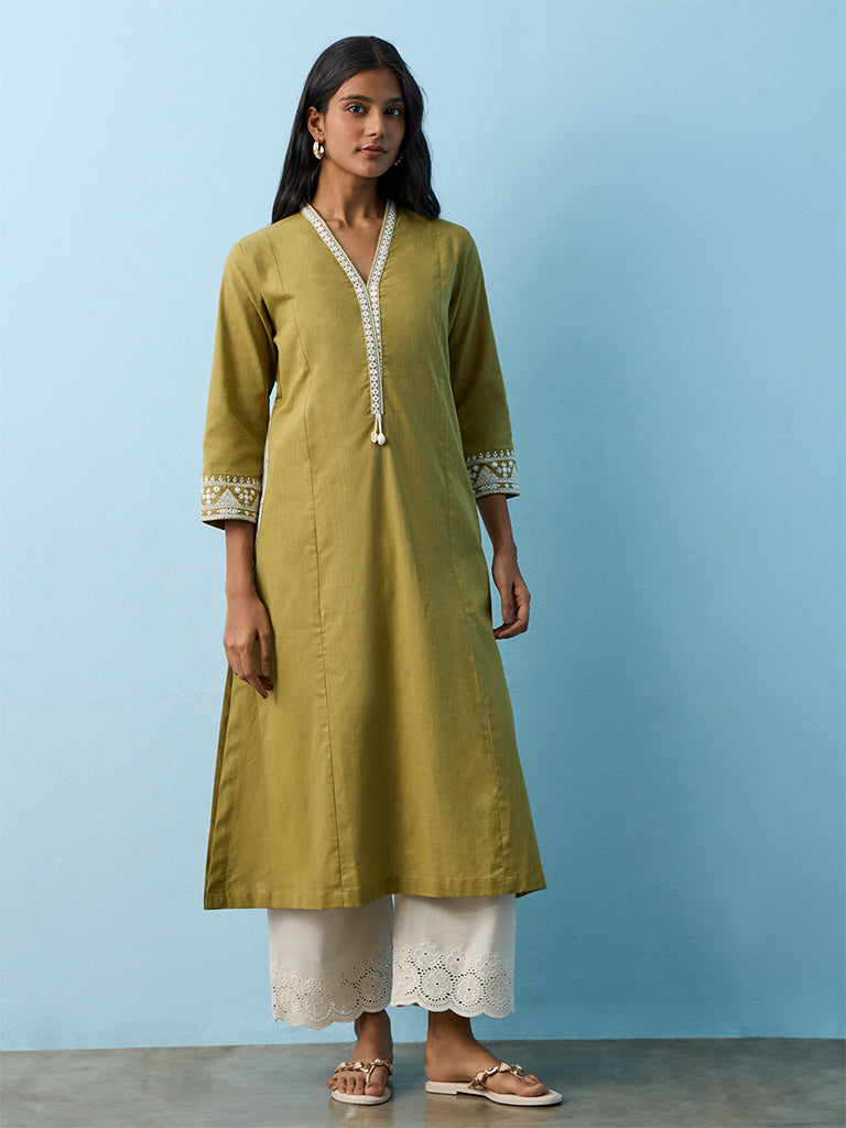 Utsa Green Embroidered Cotton A-Line Kurta