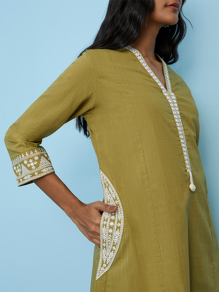 Utsa Green Embroidered Cotton A-Line Kurta