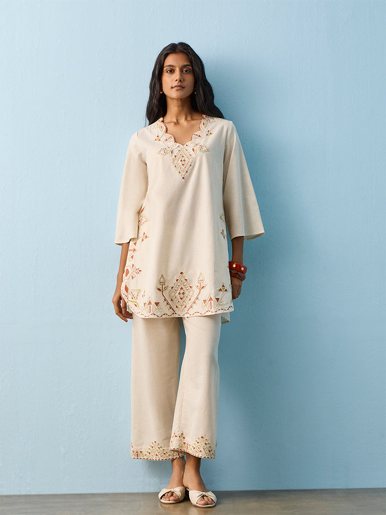 Utsa Light Beige Embroidered Cotton-Blend Kurti