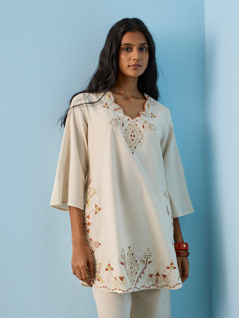 Utsa Light Beige Embroidered Cotton-Blend Kurti