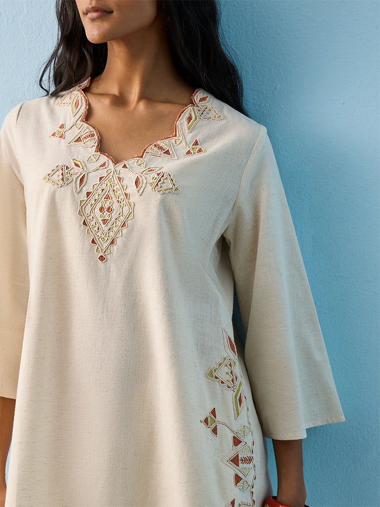 Utsa Light Beige Embroidered Cotton-Blend Kurti