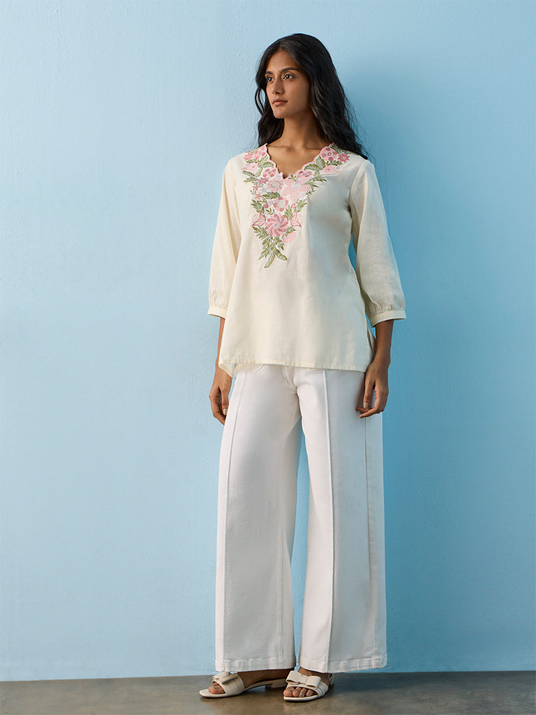 Utsa Off-White Floral Embroidered Cotton-Blend Tunic