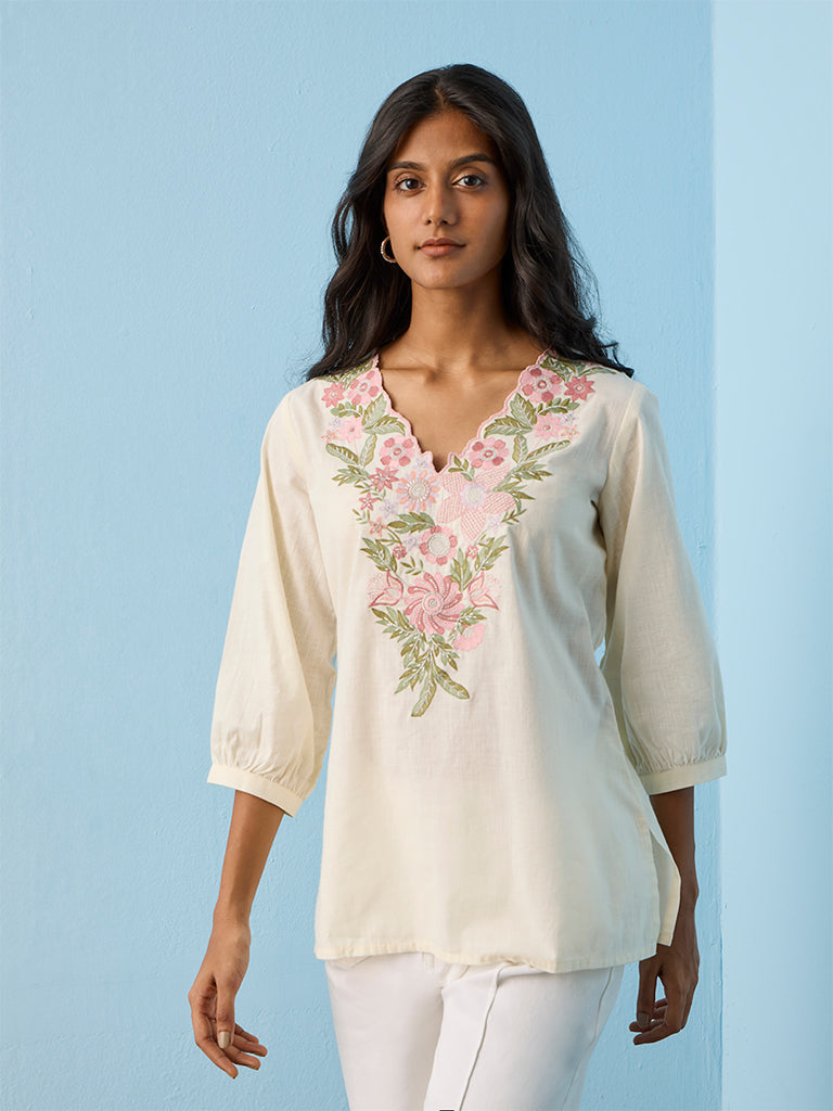 Utsa Off-White Floral Embroidered Cotton-Blend Tunic