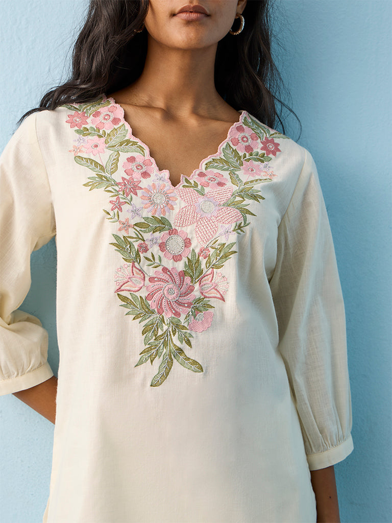Utsa Off-White Floral Embroidered Cotton-Blend Tunic