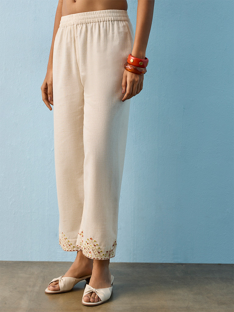 Utsa Light Beige Geometric Embroidered Cotton-Blend Pants