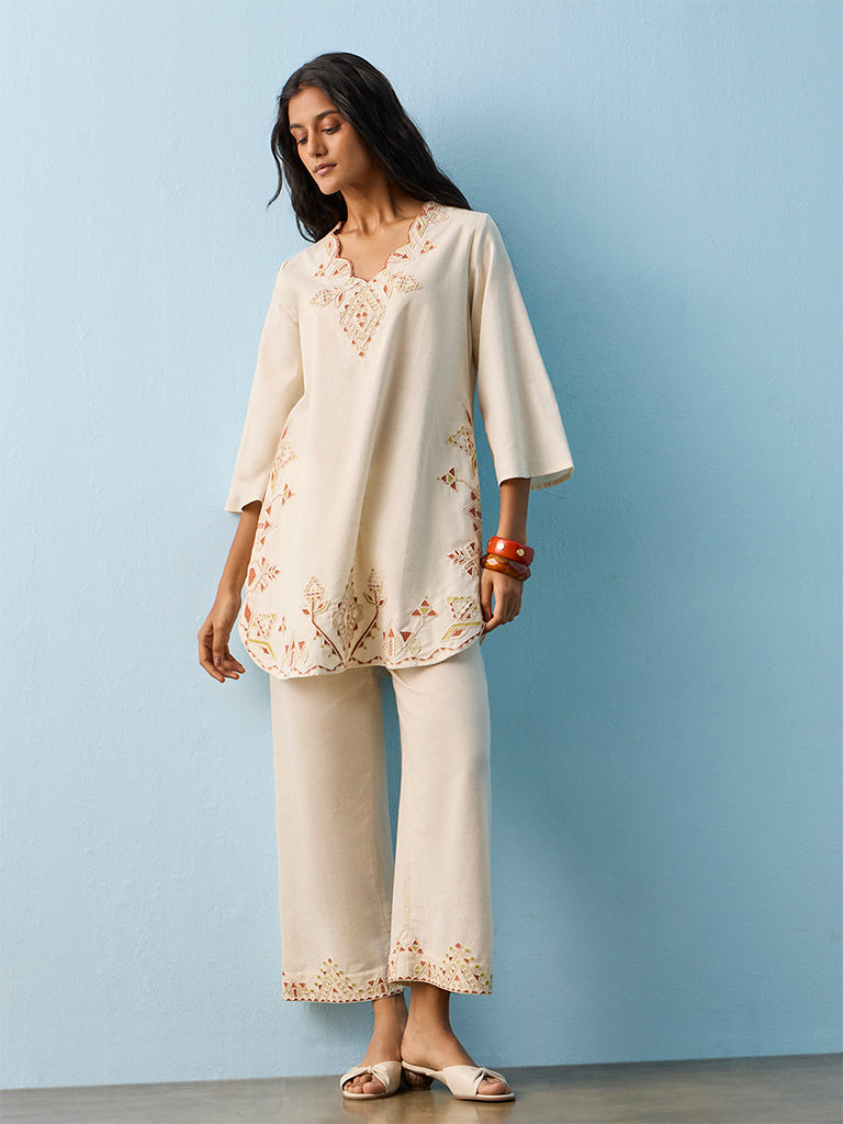 Utsa Light Beige Geometric Embroidered Cotton-Blend Pants