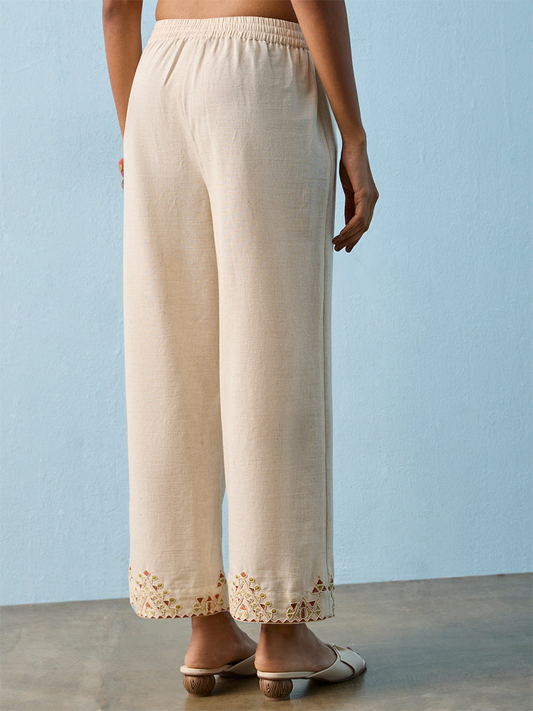 Utsa Light Beige Geometric Embroidered Cotton-Blend Pants