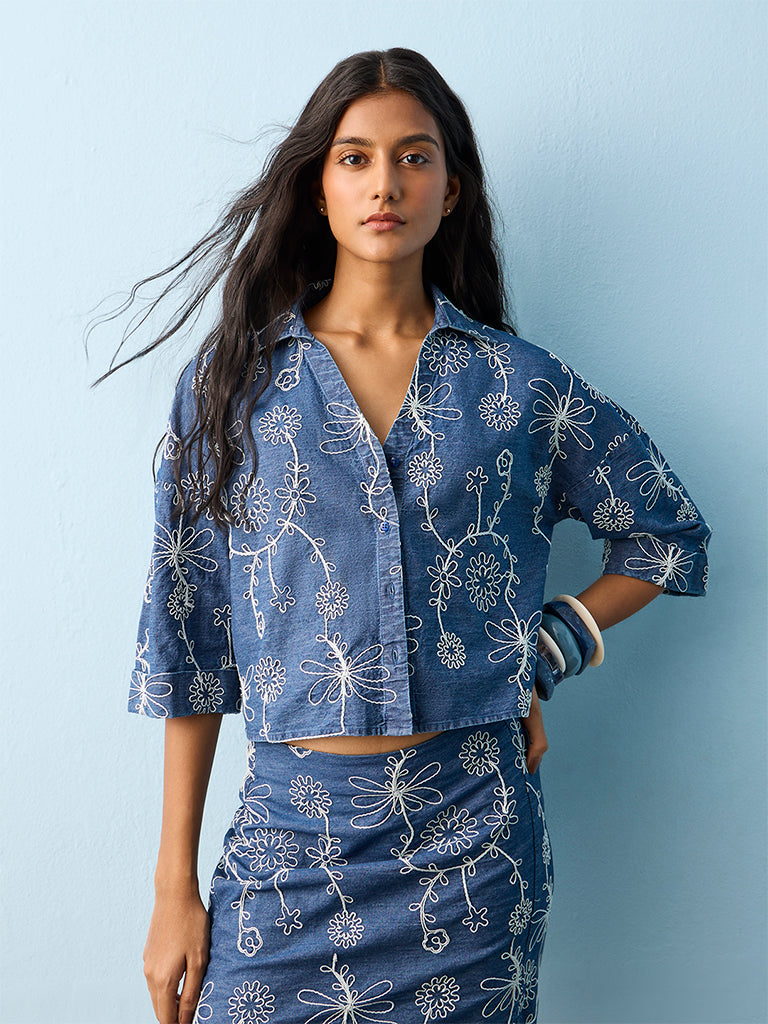 LOV Blue Floral Embroidered Denim Shirt