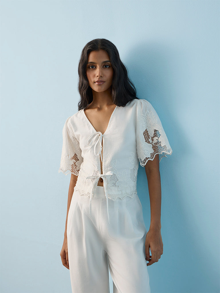 LOV White Floral Embroidered Tie-Up Cotton Top