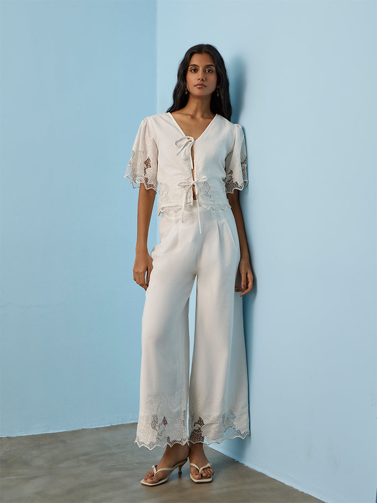 LOV White Floral Embroidered Tie-Up Cotton Top