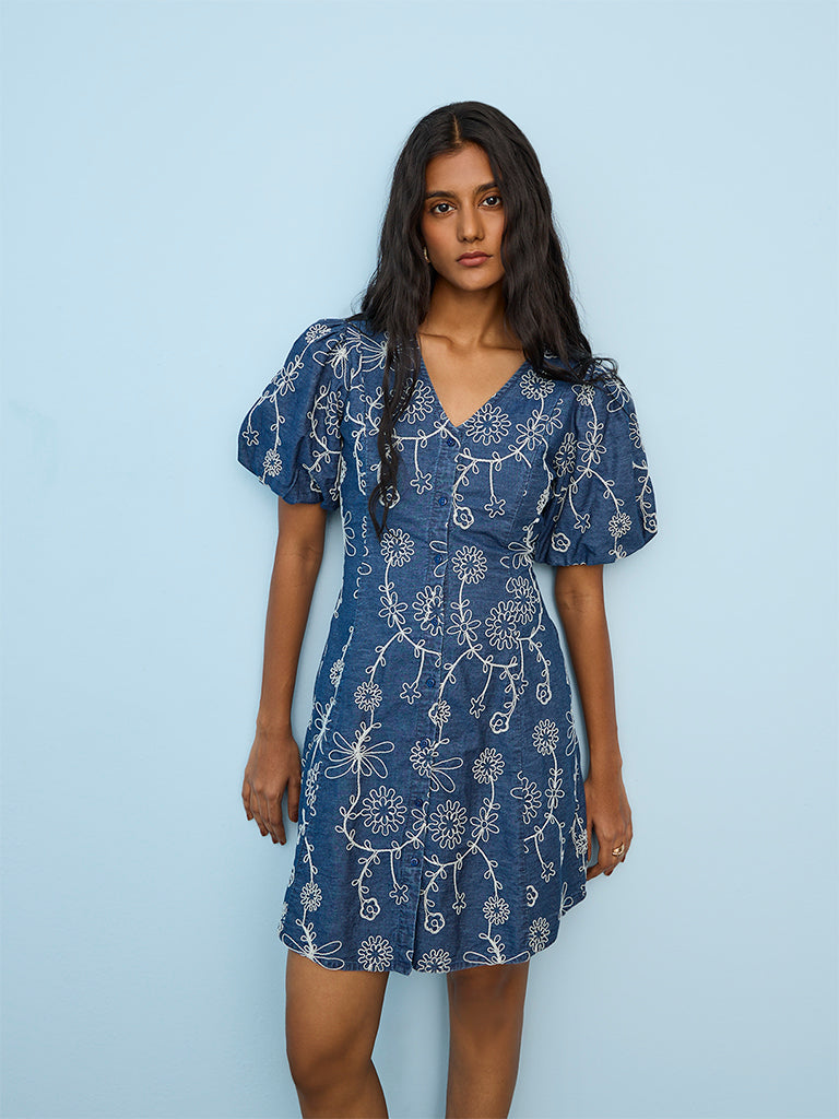 LOV Blue Floral Embroidered Denim A-Line Dress