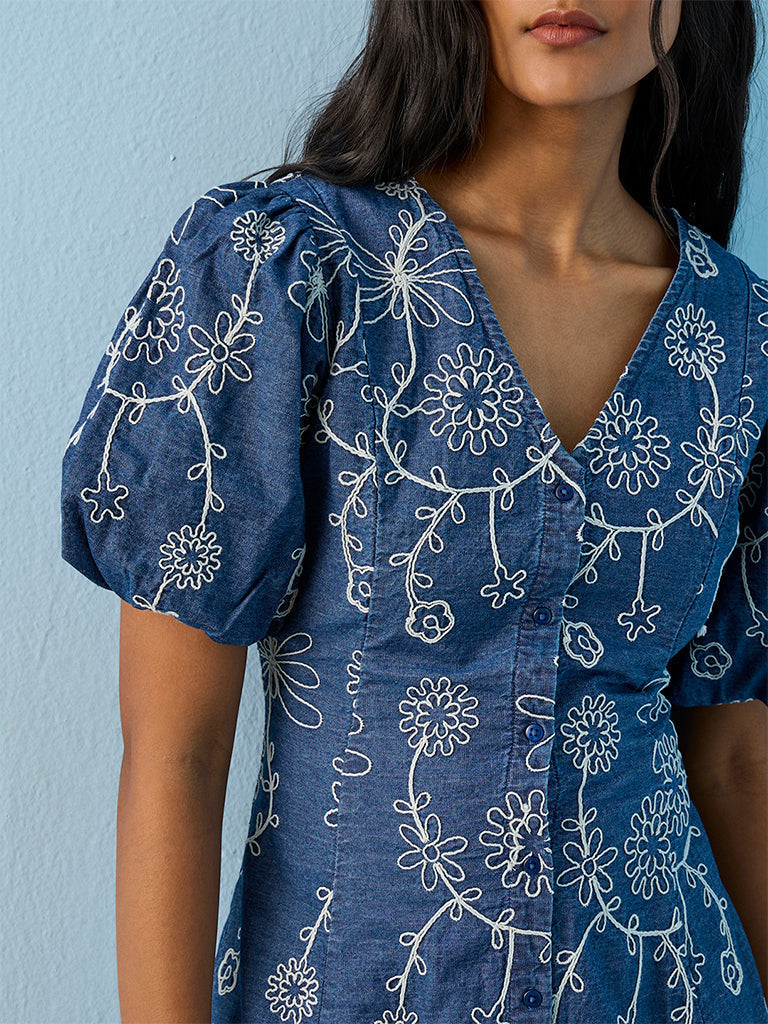LOV Blue Floral Embroidered Denim A-Line Dress