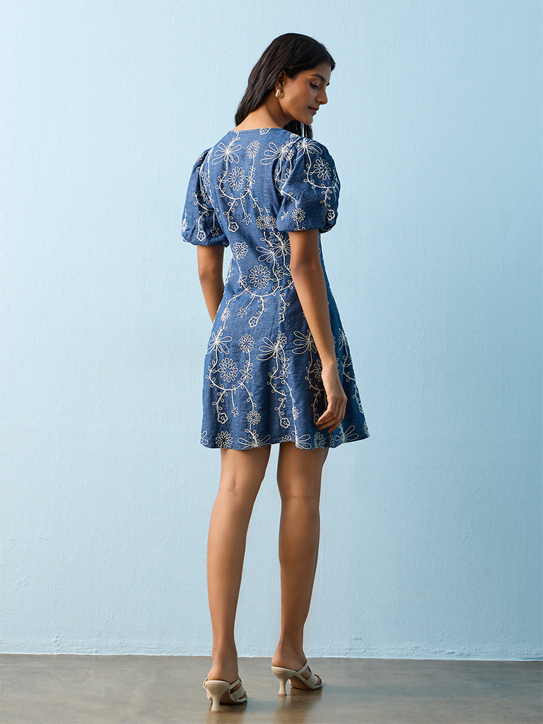 LOV Blue Floral Embroidered Denim A-Line Dress