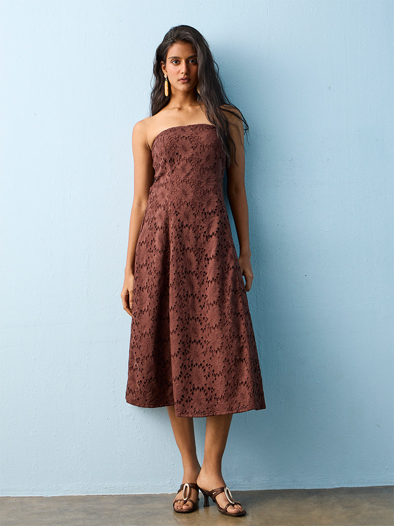 LOV Brown Floral Design Cotton Tube Dress