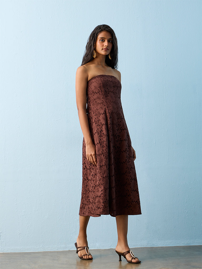 LOV Brown Floral Design Cotton Tube Dress