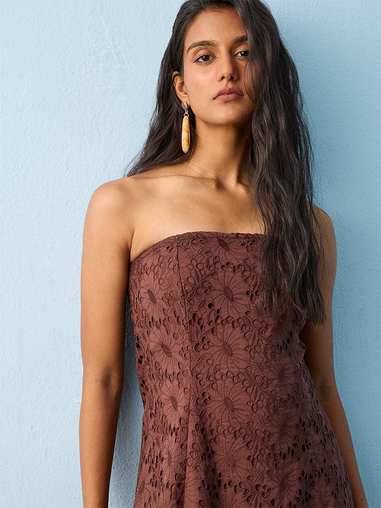 LOV Brown Floral Design Cotton Tube Dress
