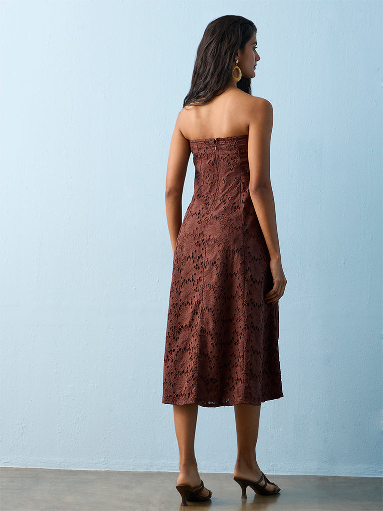 LOV Brown Floral Design Cotton Tube Dress