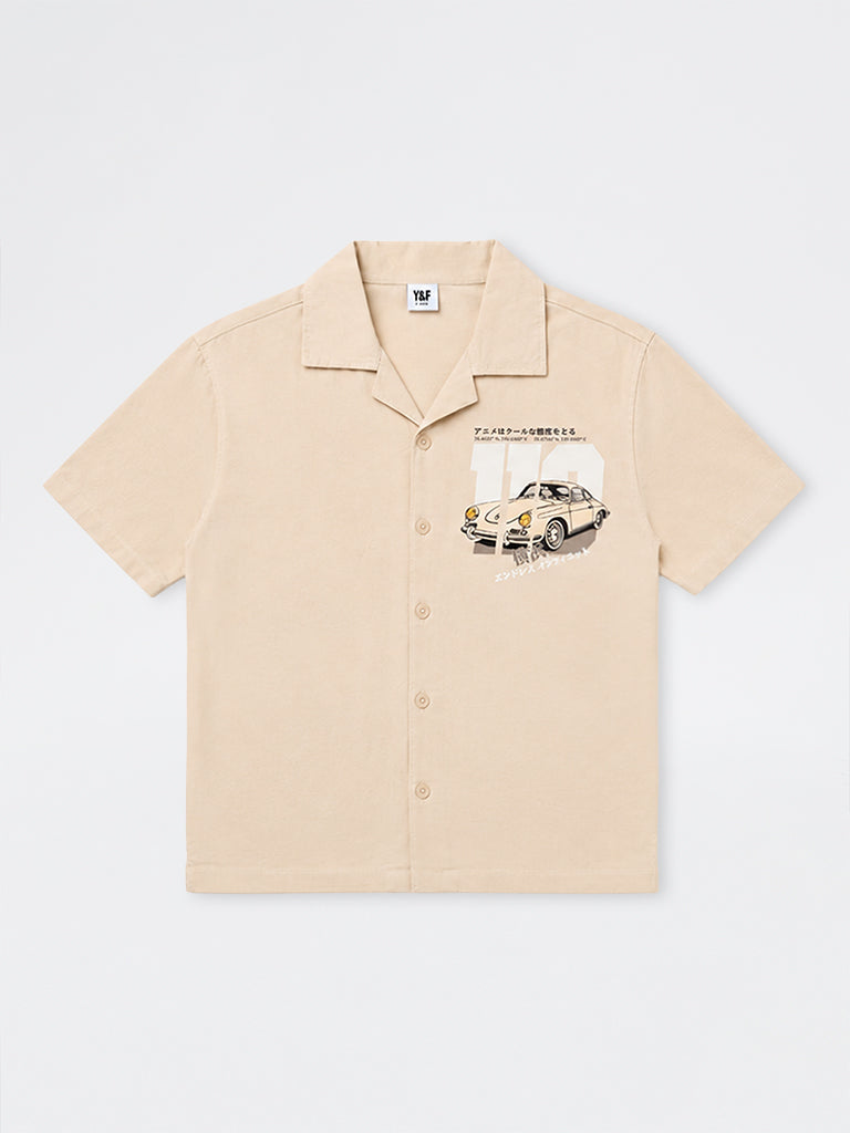 Boys Light Beige Graphic Printed Cotton Shirt