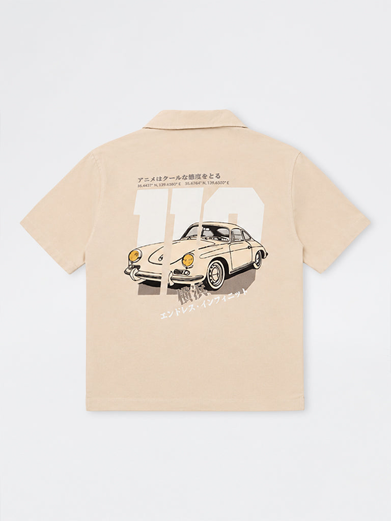 Boys Light Beige Graphic Printed Cotton Shirt