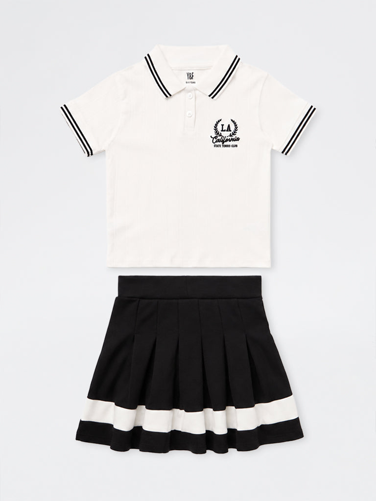Girls White Text-Detail Cotton Polo T-Shirt and Skirt Set