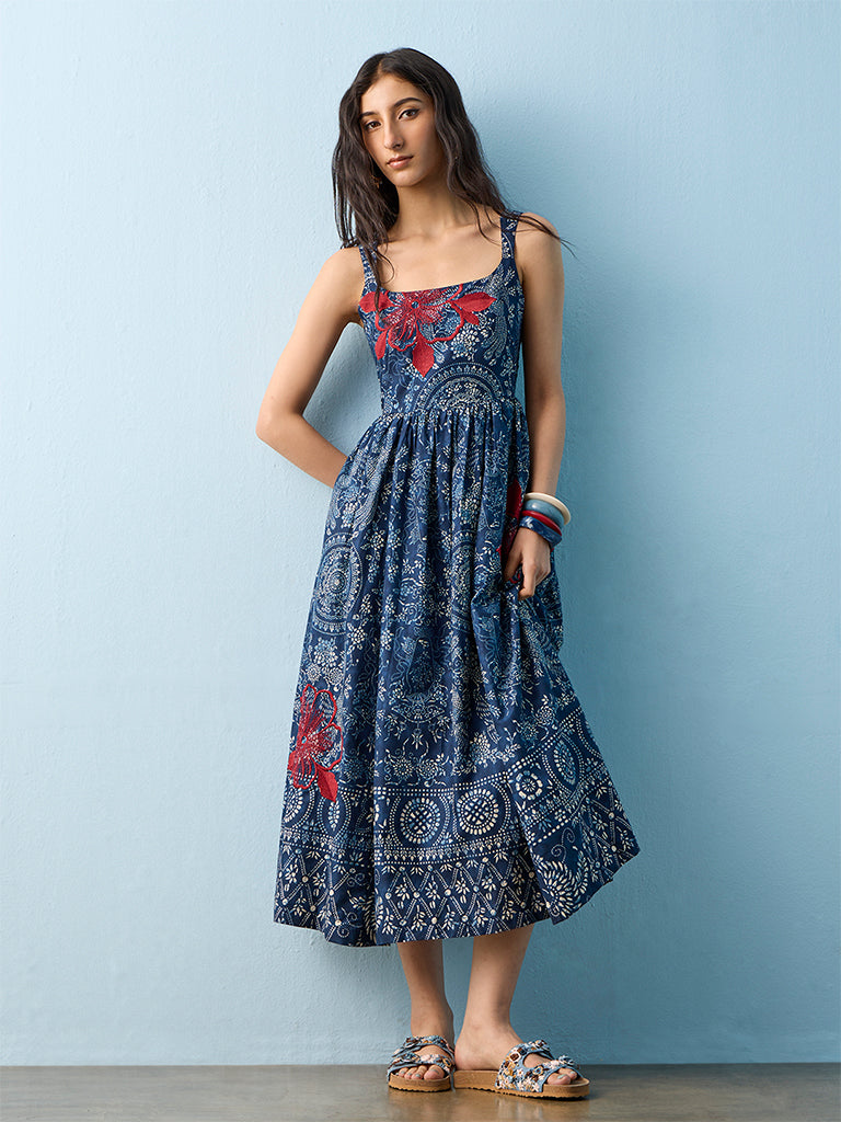 Bombay Paisley Dark Blue Printed Cotton A-Line Dress