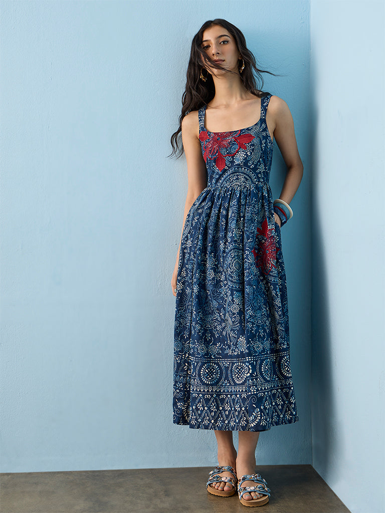 Bombay Paisley Dark Blue Printed Cotton A-Line Dress