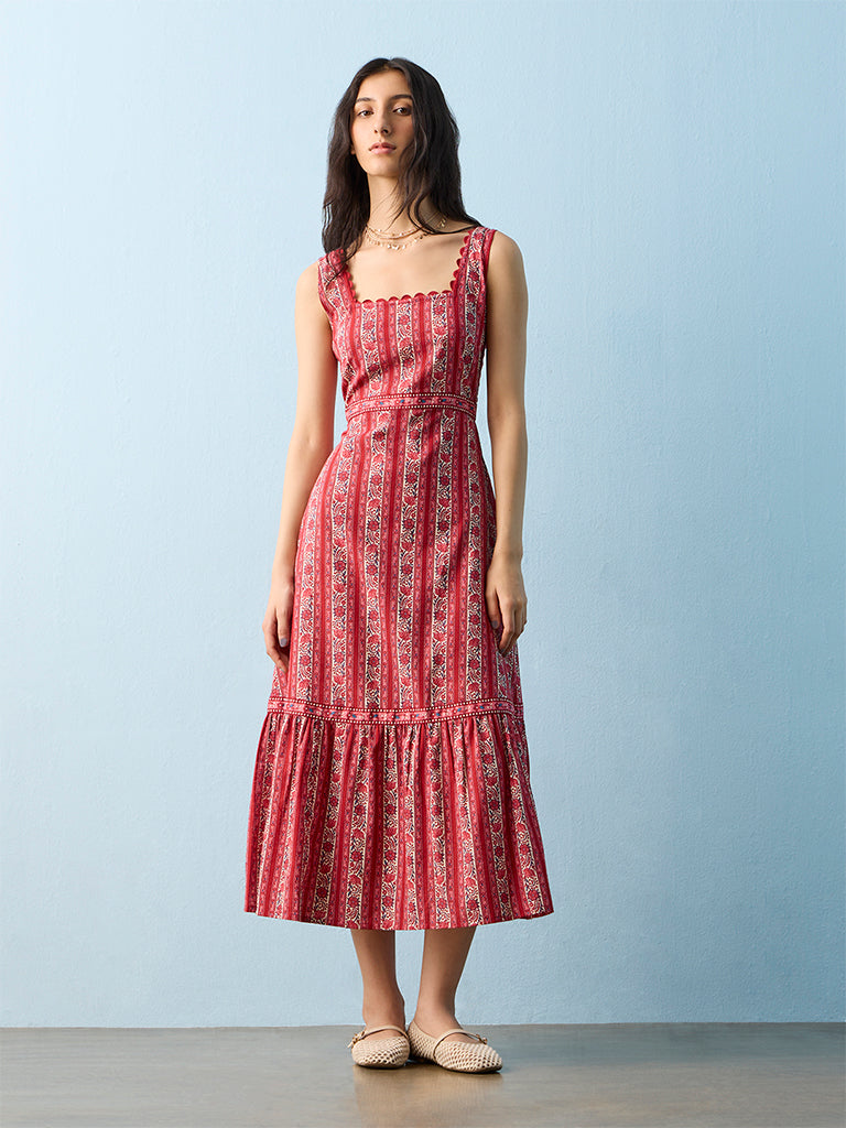 Bombay Paisley Red Floral Printed Cotton Tiered Dress
