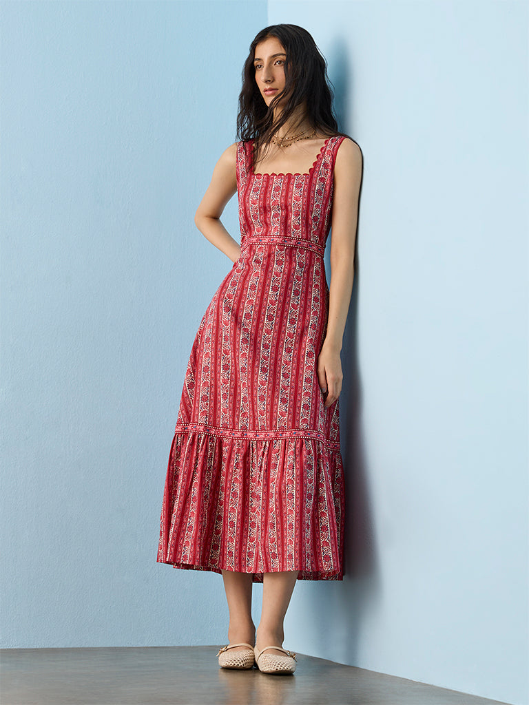 Bombay Paisley Red Floral Printed Cotton Tiered Dress