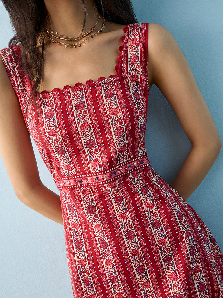 Bombay Paisley Red Floral Printed Cotton Tiered Dress