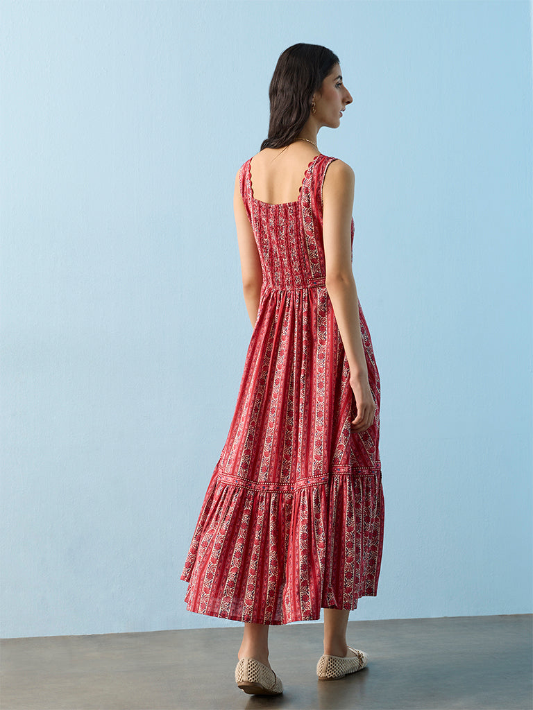 Bombay Paisley Red Floral Printed Cotton Tiered Dress