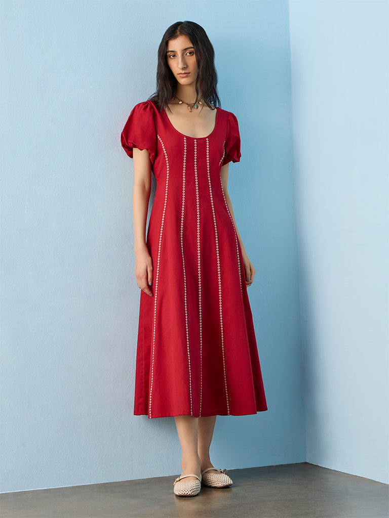 Bombay Paisley Red Printed A-Line Cotton-Blend Dress