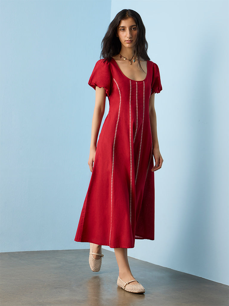Bombay Paisley Red Printed A-Line Cotton-Blend Dress