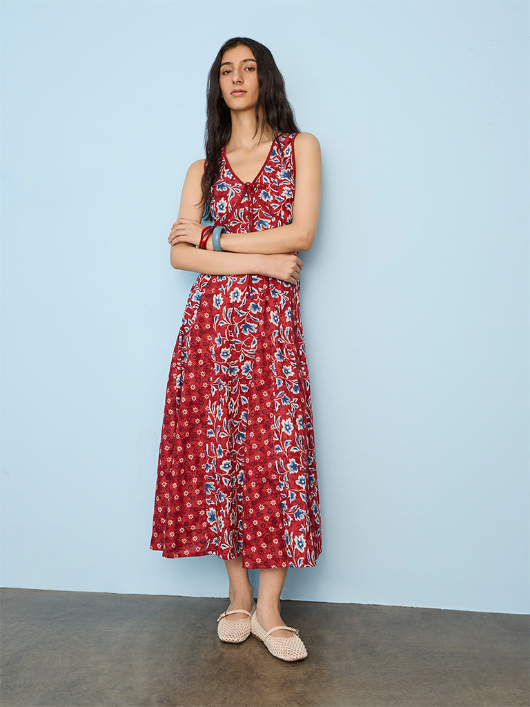 Bombay Paisley Red Botanical Printed Cotton-Blend A-Line Dress