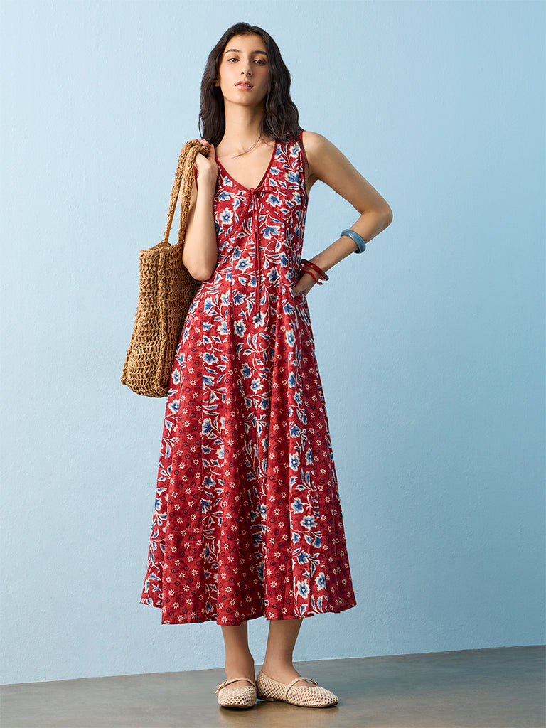 Bombay Paisley Red Botanical Printed Cotton-Blend A-Line Dress