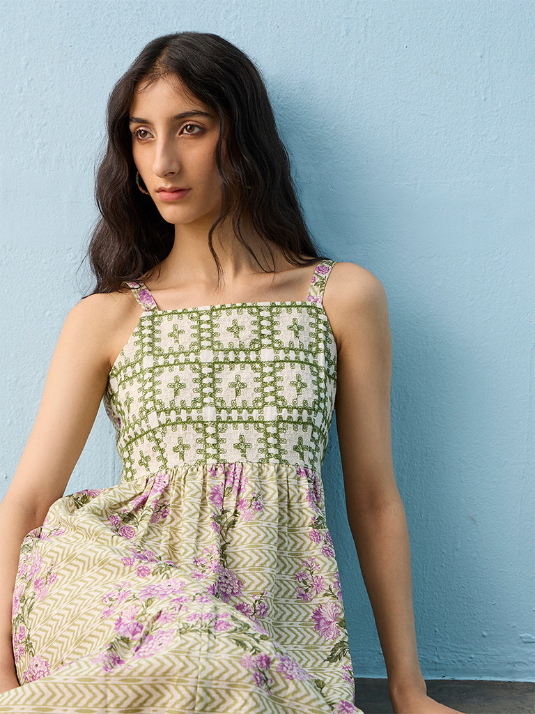 Bombay Paisley Multicolour Floral Design Cotton A-Line Dress