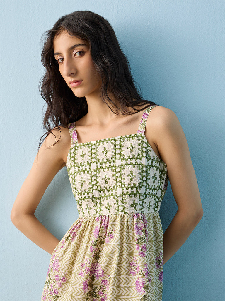 Bombay Paisley Multicolour Floral Design Cotton A-Line Dress