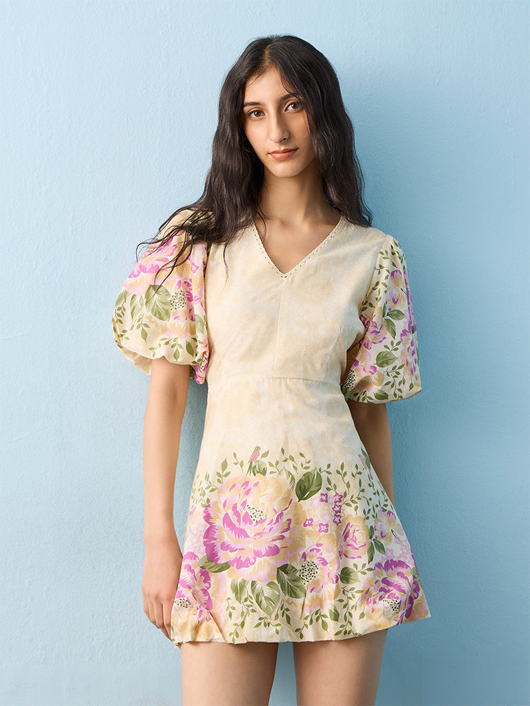 Bombay Paisley Light Yellow Floral Pattern Cotton A-Line Dress