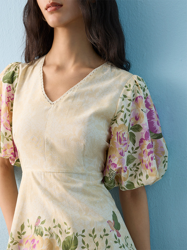Bombay Paisley Light Yellow Floral Pattern Cotton A-Line Dress