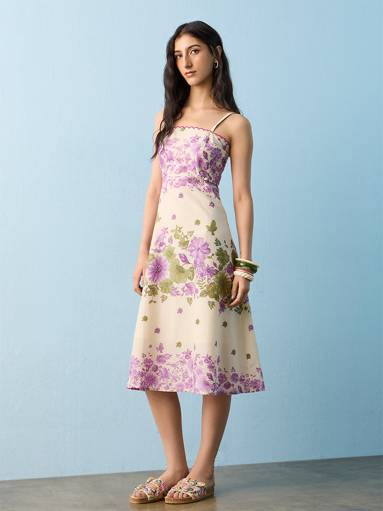 Bombay Paisley Off-White Floral Printed A-Line Cotton Dress