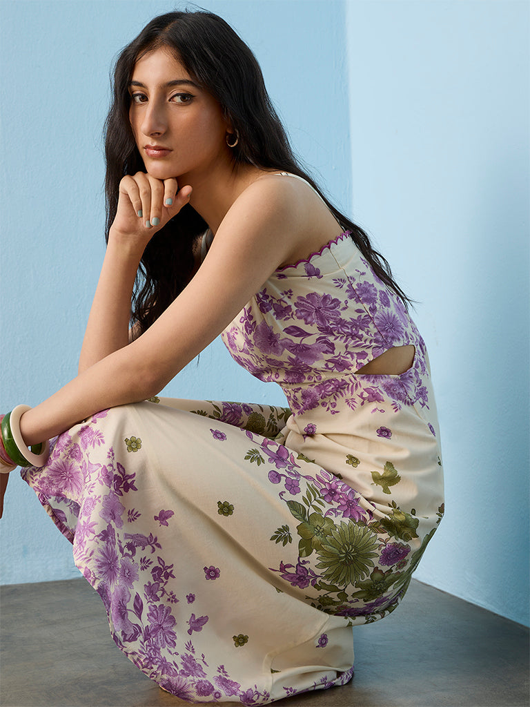 Bombay Paisley Off-White Floral Printed A-Line Cotton Dress