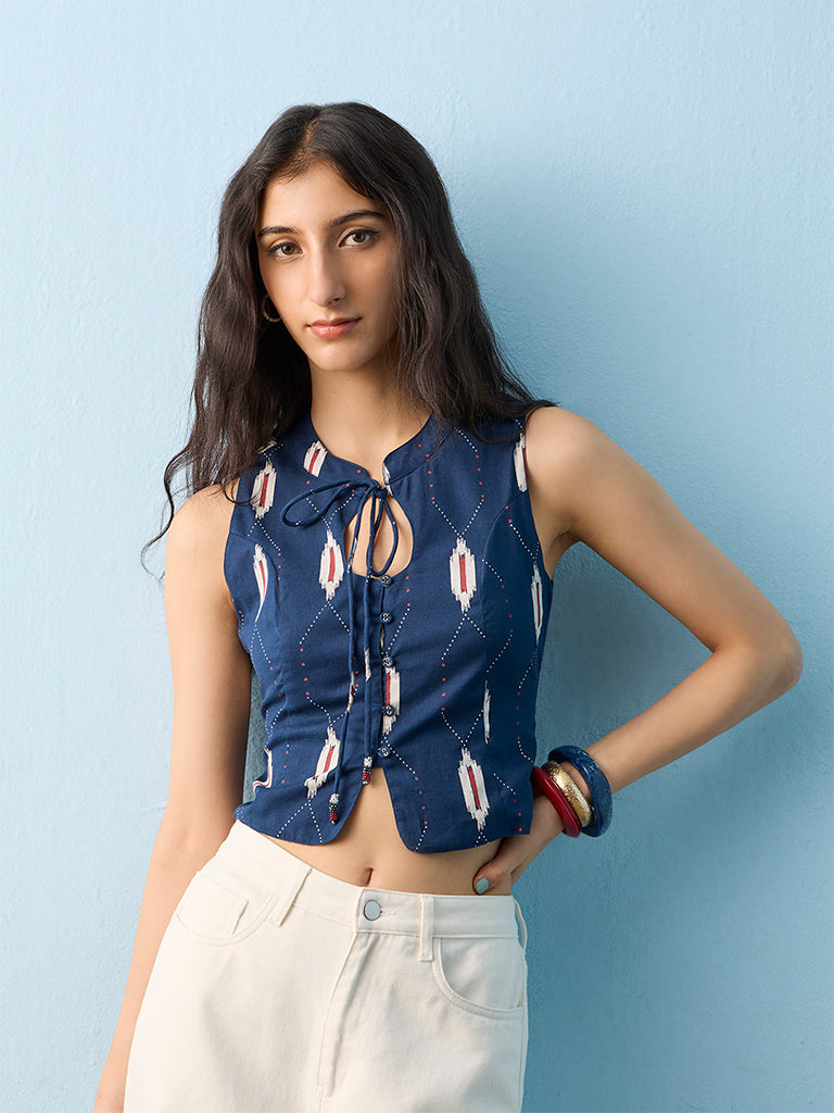 Bombay Paisley Navy Printed Cotton-Blend Top