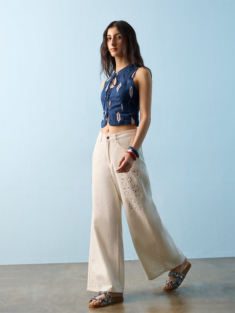 Bombay Paisley Navy Printed Cotton-Blend Top