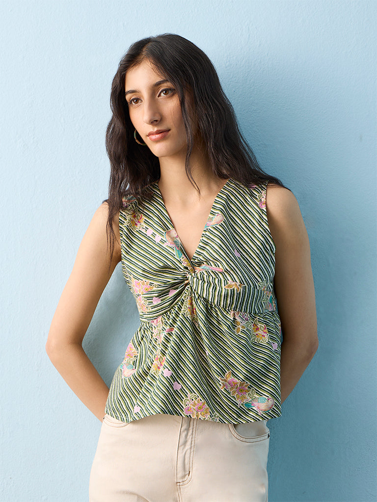 Bombay Paisley Green Printed Knot-Design Cotton Top