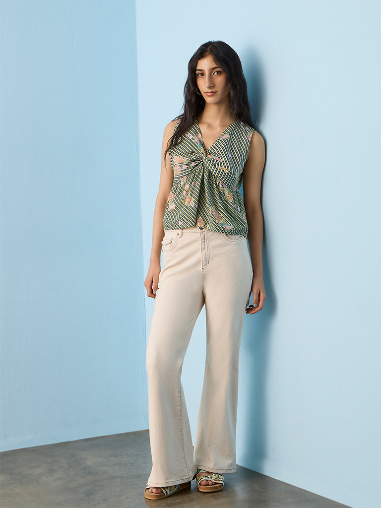 Bombay Paisley Green Printed Knot-Design Cotton Top