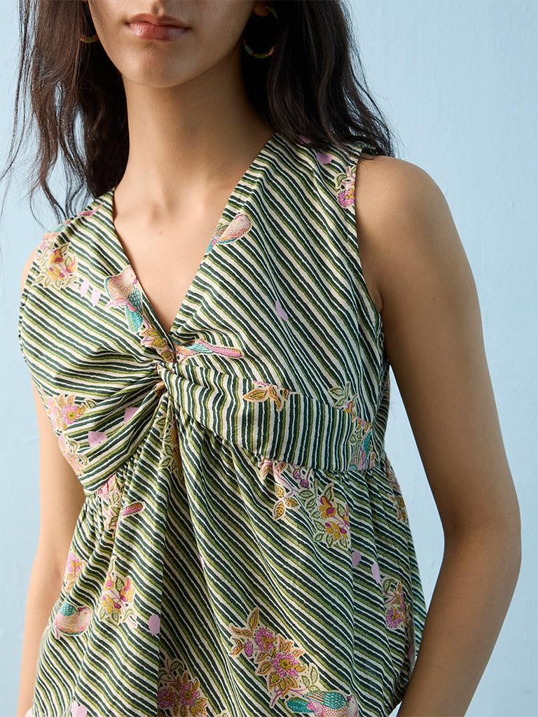 Bombay Paisley Green Printed Knot-Design Cotton Top