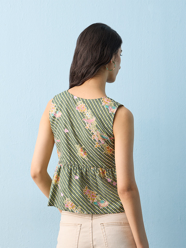 Bombay Paisley Green Printed Knot-Design Cotton Top