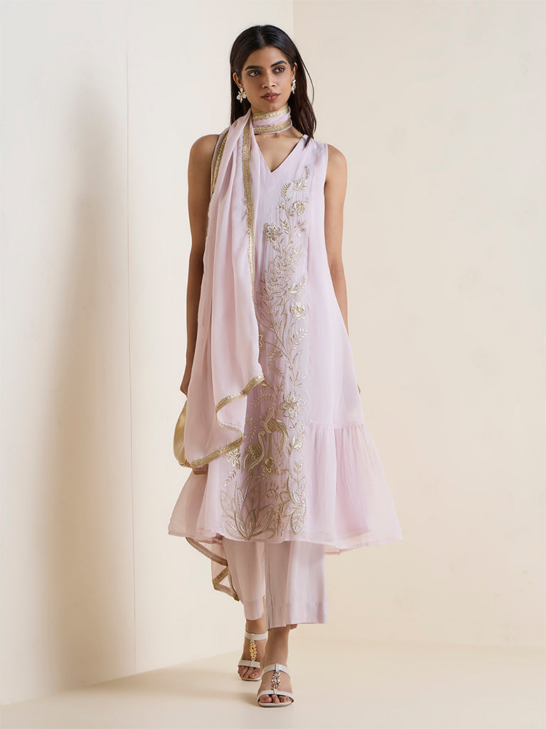 Vark Light Pink Floral Embroidered A-Line Ethnic Set