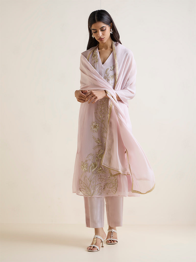 Vark Light Pink Floral Embroidered A-Line Ethnic Set